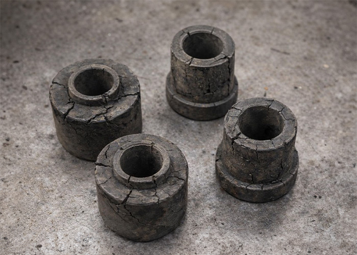 Worn and cracked rubber suspension bushes removed from an Austin Healey