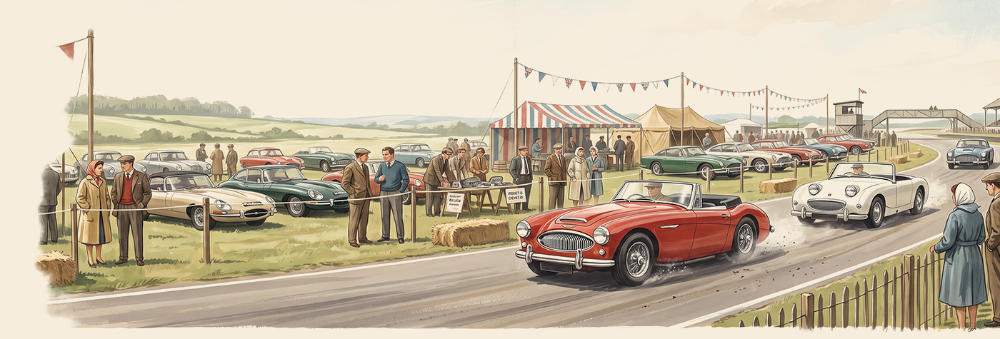 Period-style illustration representing Austin Healey and classic car events