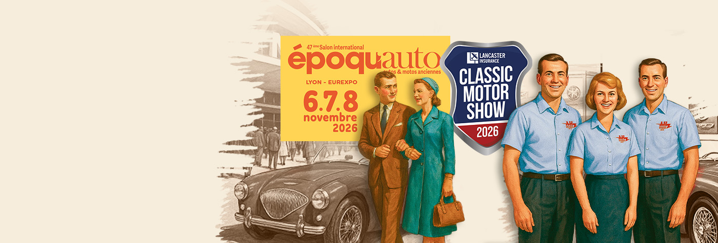 Period-style illustration collage of Epoqu'Auto and Classic Motor Show