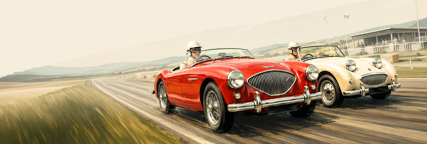 Period-style illustration of a red Austin Healey and white Austin Healey Sprite racing at a British motor circuit