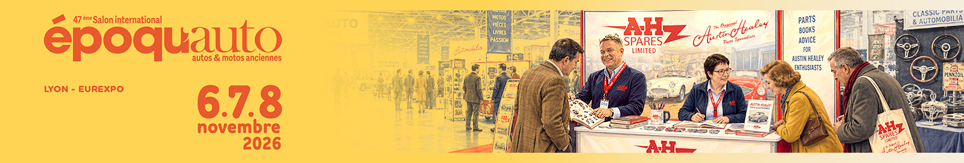 Vintage-style illustration of the A H Spares exhibition stand at Epoqu’Auto