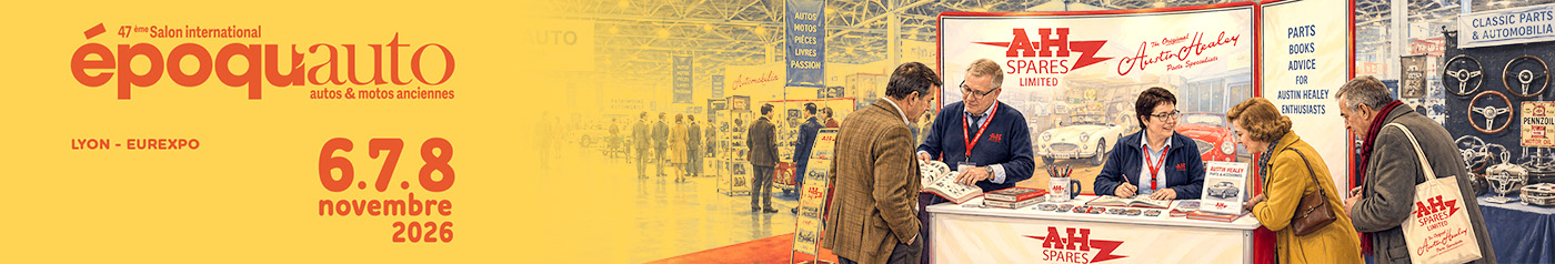 Vintage-style illustration of the A H Spares exhibition stand with an Austin Healey at Epoqu’Auto
