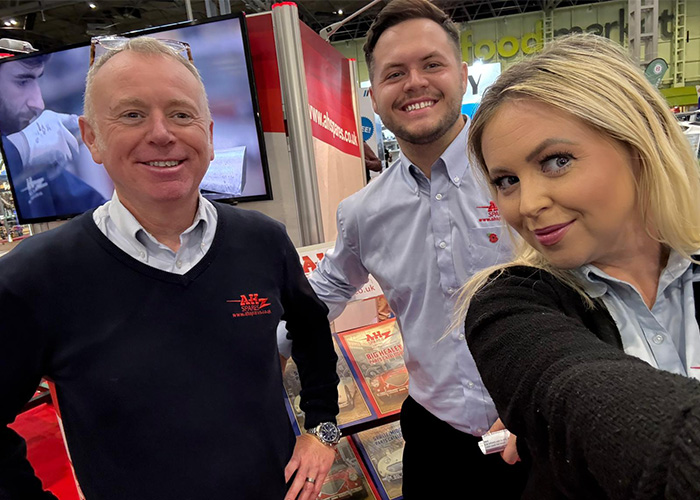 Brian, Matt and Leanne from A H Spares on the Classic Motor Show 2025 stand representing Austin Healey parts and restoration expertise.