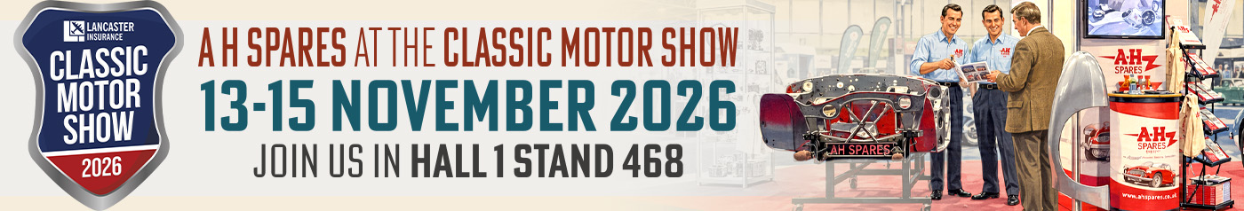 Vintage-style illustration of the A H Spares exhibition stand with an Austin Healey at the Classic Motor Show