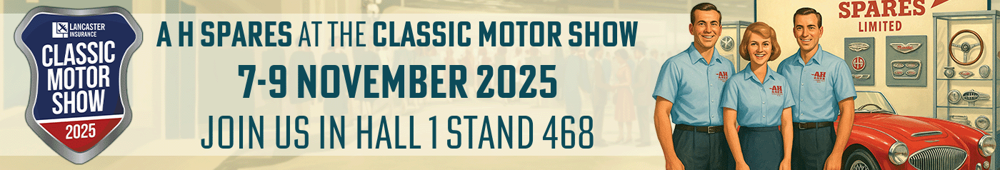 Vintage-style illustration of A H Spares team and Austin Healey 100 promoting the NEC Classic Motor Show 2025, Hall 1 Stand 468