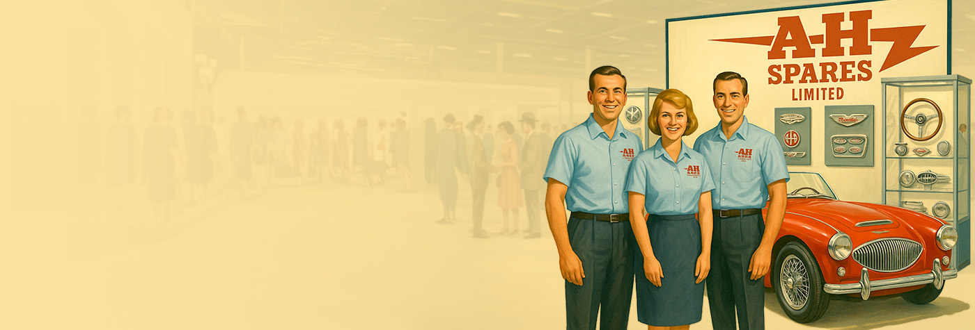 Mid-century style illustration of the A H Spares sales team at the NEC Classic Motor Show stand with an Austin Healey 100 and glass display cases of Healey parts.