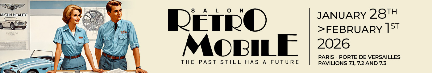 Rétromobile 2026 event banner, Paris Expo Porte de Versailles, 28 January to 1 February.