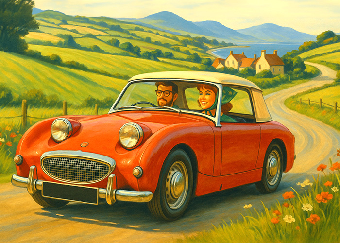 Red Austin Healey Sprite MK1 Frogeye driving along an English country road