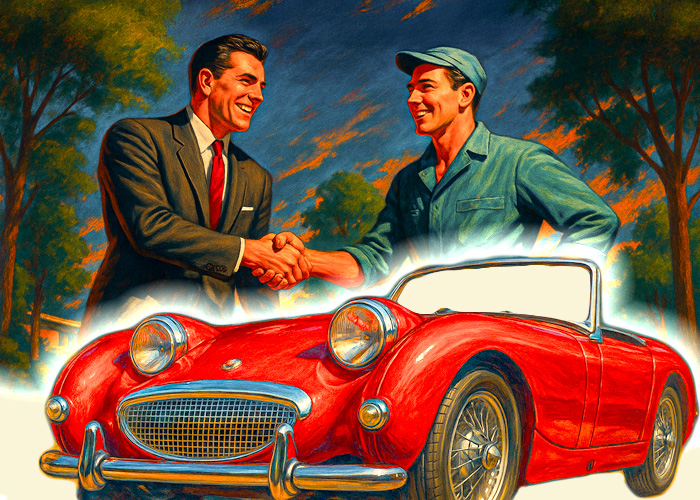 Classic mid-century illustration of red Austin Healey Sprite MK1 Frogeye and handshake partnership.