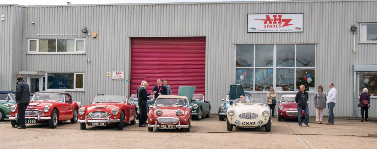Austin Healeys outside A H Spares during the 2017 Open Day