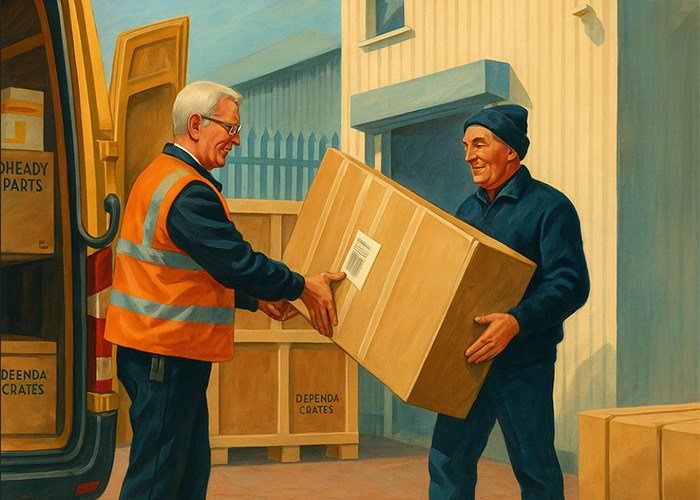 Artistic rendering of a courier collecting customer orders from A H Spares Dispatch department