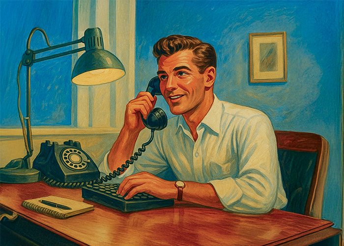 Artistic rendering of a mid-century salesman speaking to a customer on a rotary phone