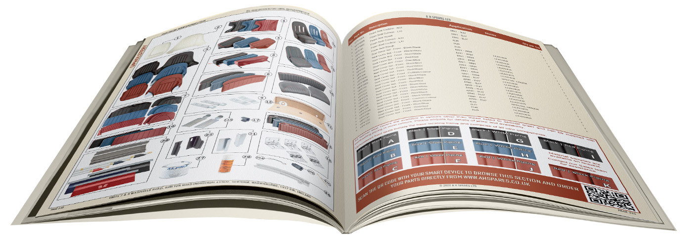 Open 2026 A H Spares Big Healey parts catalogue showing diagrams and part listings