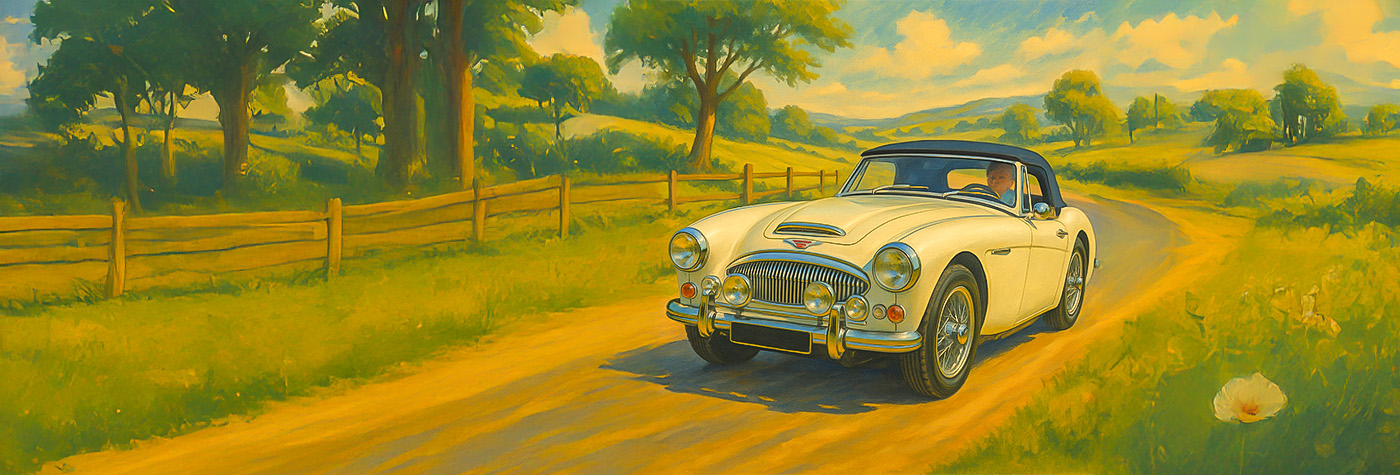 Artistic rendering of a white Austin Healey 3000 BJ7 on an English country drive