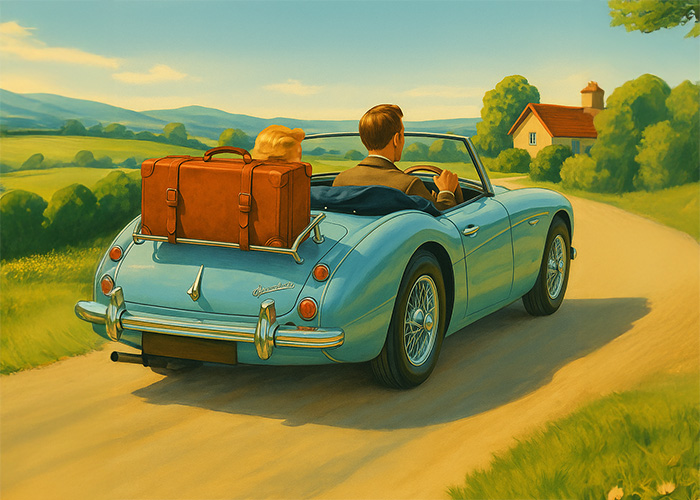 Artistic rendering of a blue Austin Healey 3000 with luggage, driving along an English country road in the summer time