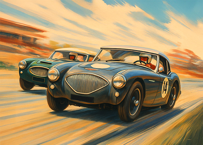 Artistic rendering of two Austin Healeys racing