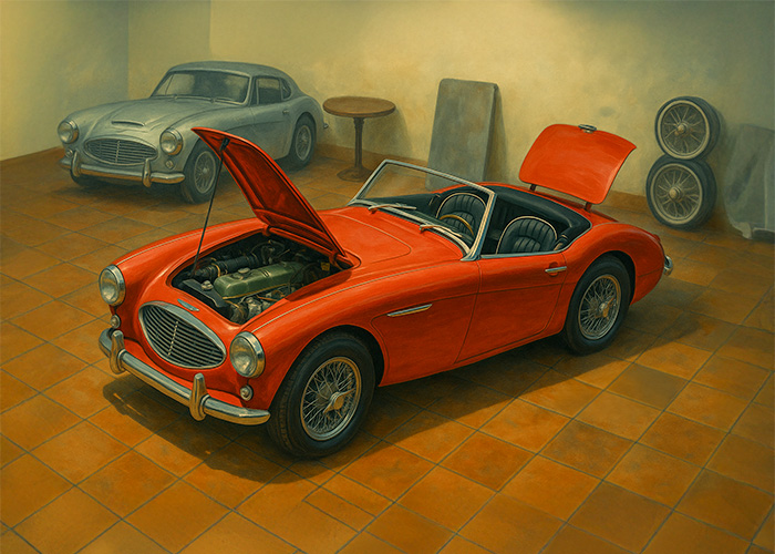 Artistic rendering of a Red Austin Healey 100/6 in a clean garage