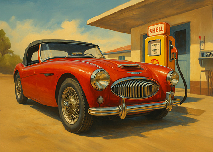 Artistic rendering of a Red Austin Healey 3000 parked next to a vintage Shell petrol pump