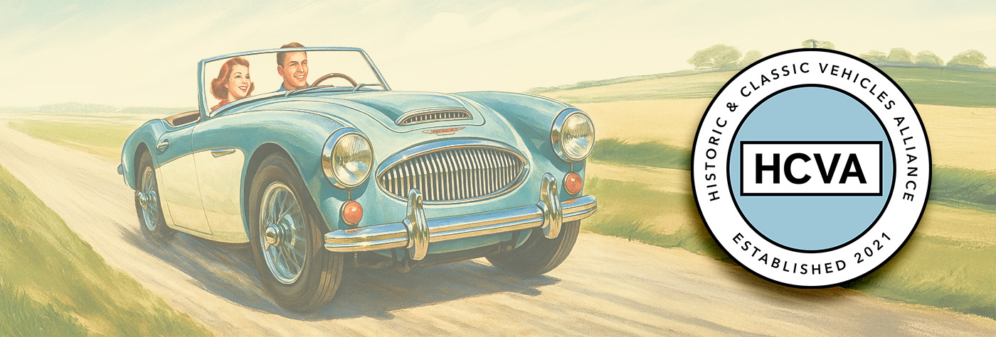 Austin Healey driving on a scenic country road with the Historic & Classic Vehicles Alliance HCVA logo — celebrating classic motoring heritage.