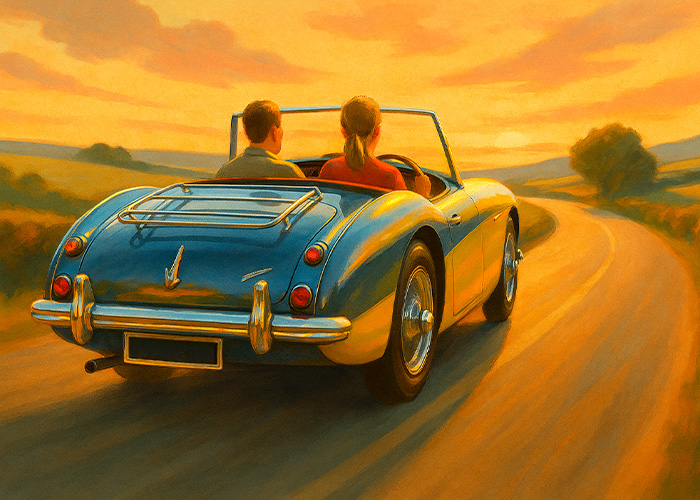 Austin Healey roadster driving into sunset along a country lane — symbolic of future generations of classic car enthusiasts.