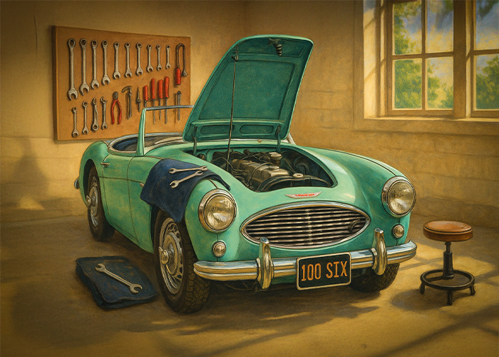 Austin Healey 100 Six in a workshop with bonnet open, showing engine bay and tools — classic car restoration scene.