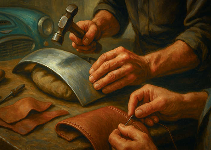 Close-up of craftsman shaping metal and stitching leather in a classic car workshop — traditional skills preserving Austin Healey heritage.