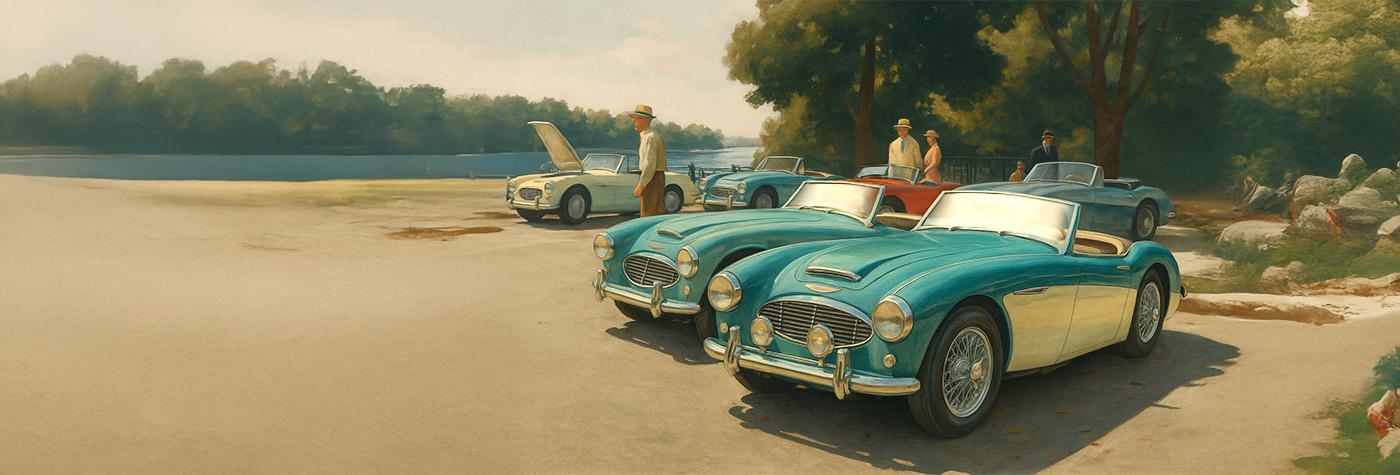Austin Healey sports cars parked at a lakeside classic car meet with owners chatting on a summer day.