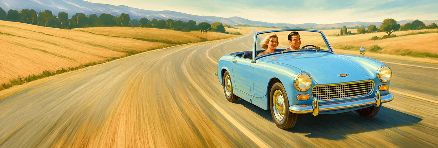Young couple driving an Austin Healey Sprite along a country road on a sunny day.