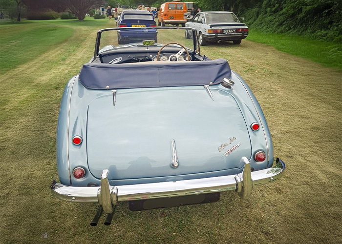 Rear view of Austin Healey BJ7 in Healey Blue at a classic car show, showcasing chrome bumper, badges, and heritage styling.