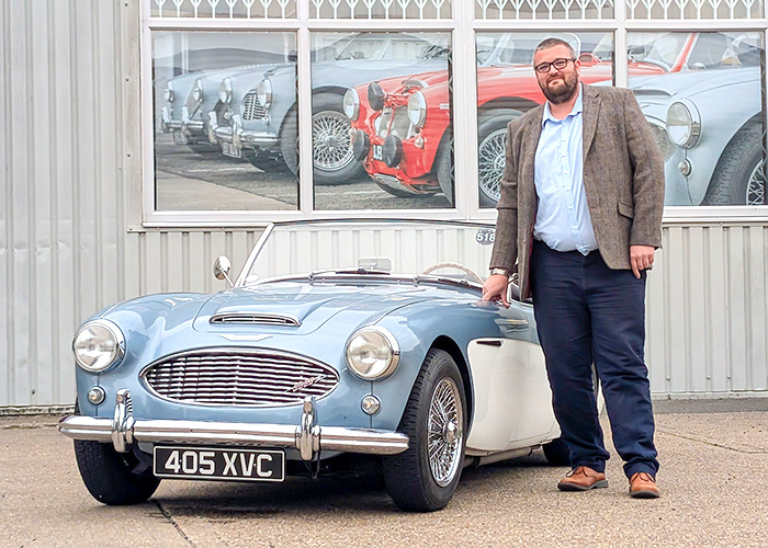 Ryan Boneham with Austin Healey 3000 before the 2025 Distinguished Gentleman’s Drive at JLR Classic Works