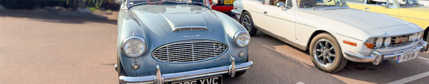 Front view of a light blue 1957 Austin-Healey BN4 parked at the Gaydon Gathering alongside other classic cars.