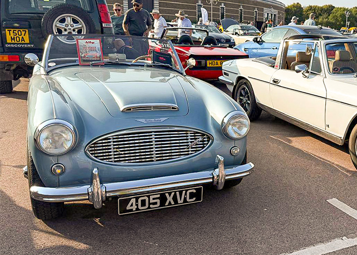 “Our 1957 Austin-Healey BN4 (100-6) at the British Motor Museum’s Gaydon Gathering, with classic cars and visitors in the background.