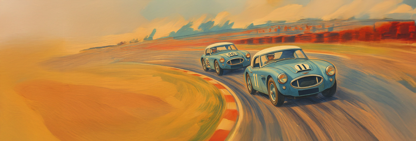 Two blue Austin Healeys racing - Mid-century commercial style