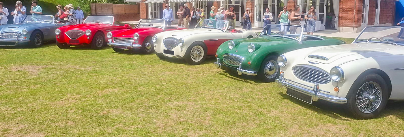 Austin Healeys parked at the Royal Automobile Club in Epsom