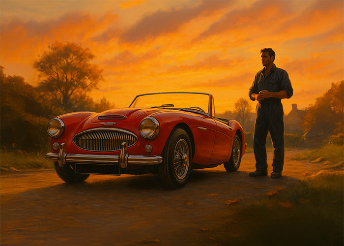 Austin Healey 3000 BJ8 parked on a quiet country lane at sunrise, evoking the pleasure of an early morning drive.