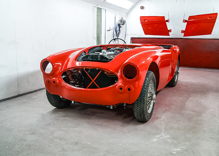 Bob Hill’s Austin-Healey BJ8 after painting, showing the completed colour and finish at JME Healeys