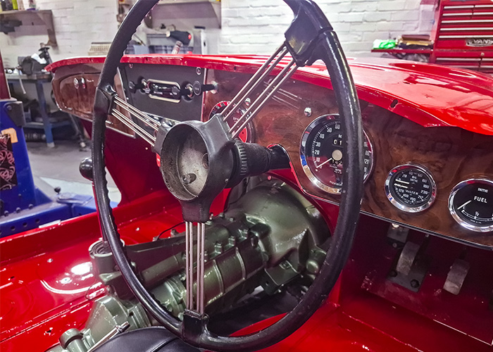 Austin-Healey BJ8 cockpit with steering wheel fitted, prepared for workshop test drive at JME Healeys
