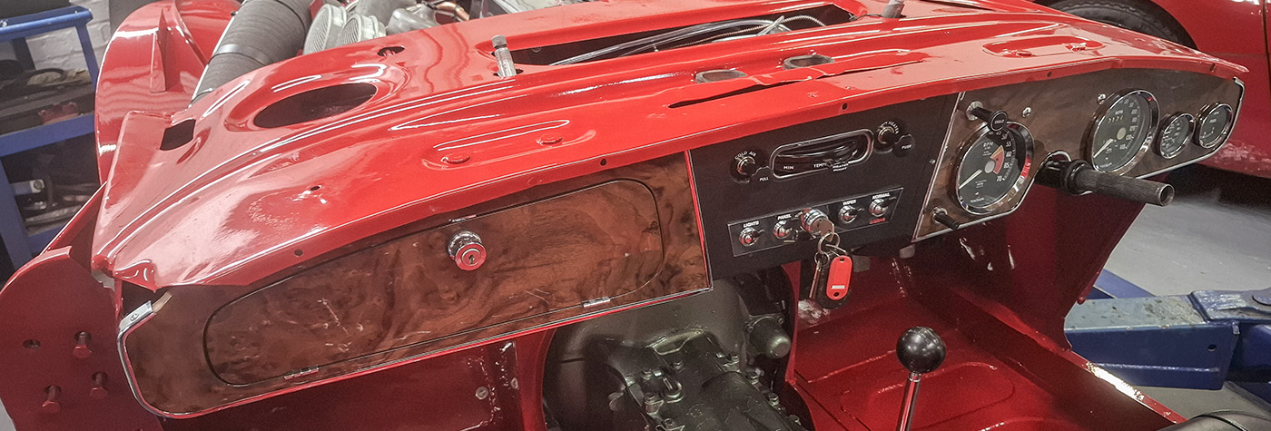 Bare cockpit of Bob Hill’s Austin-Healey 3000 BJ8 during restoration at JME Healeys, Cape Works