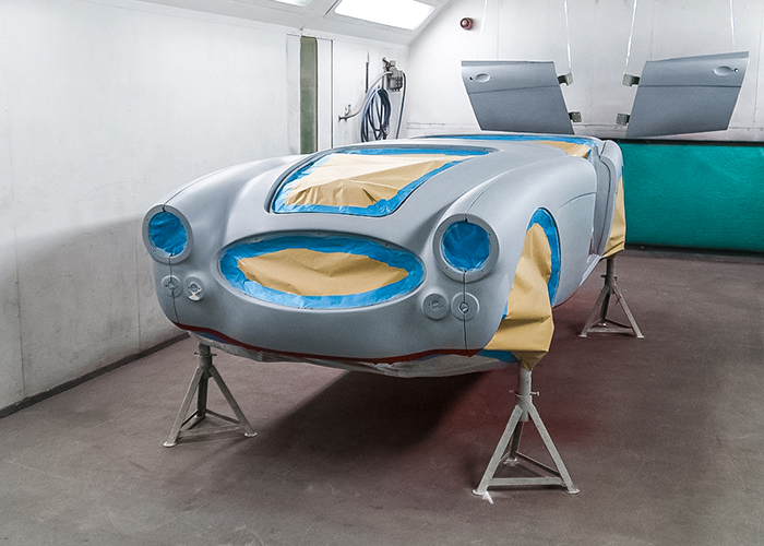 Bob Hill’s Austin-Healey BJ8 masked and prepared for painting before colour application at JME Healeys