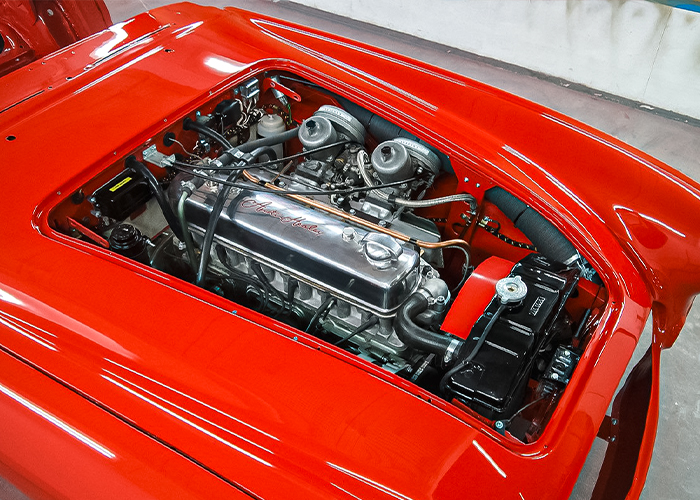 Freshly painted Austin-Healey BJ8 engine bay during restoration at JME Healeys