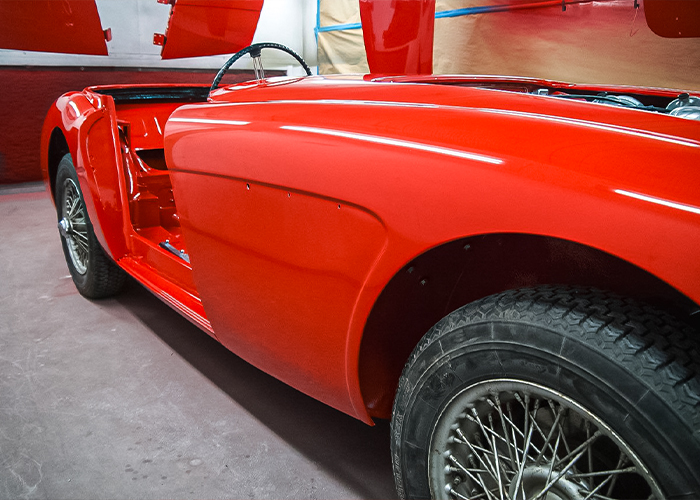 Close-up of the freshly painted front wing on Bob Hill’s Austin-Healey BJ8