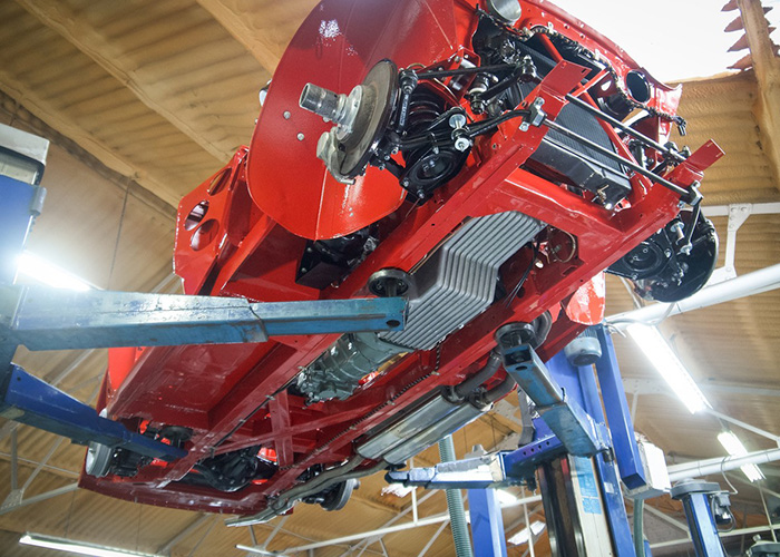 Underside front structure of Austin Healey 3000 BJ8 at rolling shell stage