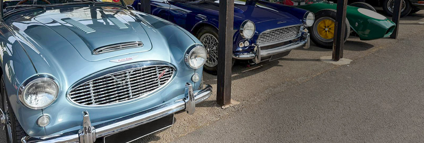 Blue Austin Healey 100-Six parked under a shelter