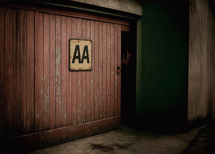 Old wooden garage door with a weathered AA-style enamel sign, creating a nostalgic classic car atmosphere.