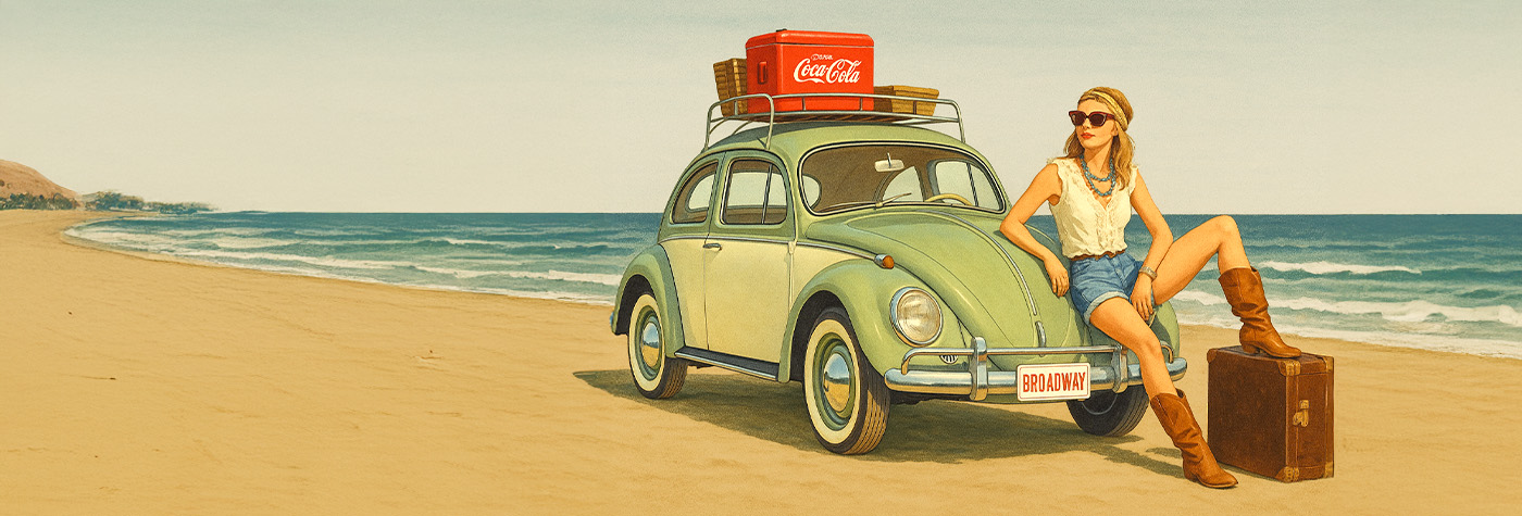 1960s-style illustration of a classic car parked on a beach with a young driver relaxing beside it, mid-century aesthetic.