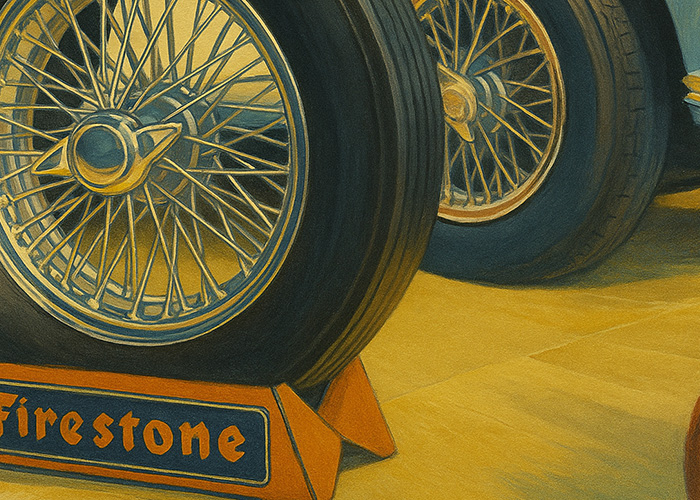 1950s-style gouache illustration of an Austin Healey chrome wire wheel on a vintage Firestone tyre stand, with a second Healey and chrome bumper in the background — nostalgic mid-century garage or showroom scene with warm lighting and retro detail.