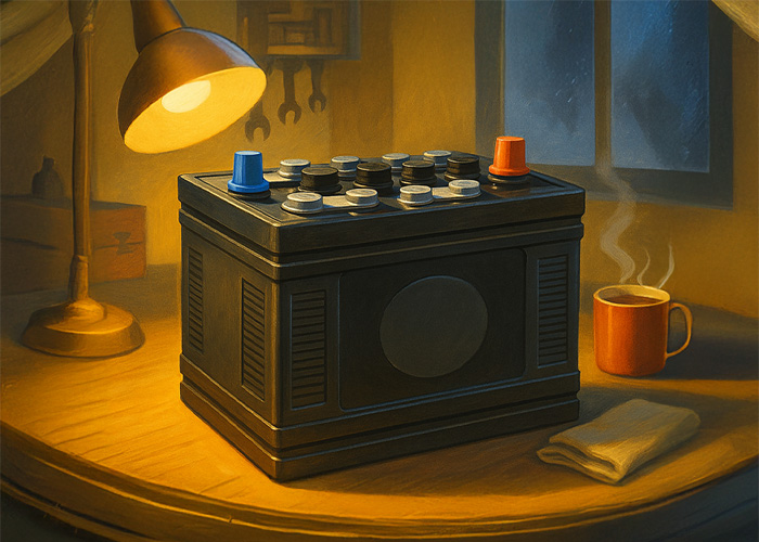 Vintage-style 1950s gouache illustration of a classic 12-volt car battery on a wooden workbench, lit by a warm desk lamp with steam rising from a mug beside it, in a cozy winter garage — mid-century automotive art inspired by Art Fitzpatrick and Van Kaufman.