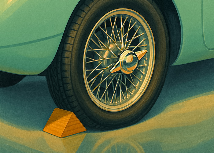 1950s-style illustration of an Austin Healey 3000 rear wheel with chrome wire spokes and two-eared spinner hub, parked on a glossy garage floor with a wooden wheel chock — rendered in a nostalgic gouache painting style with mid-century detail and reflections.