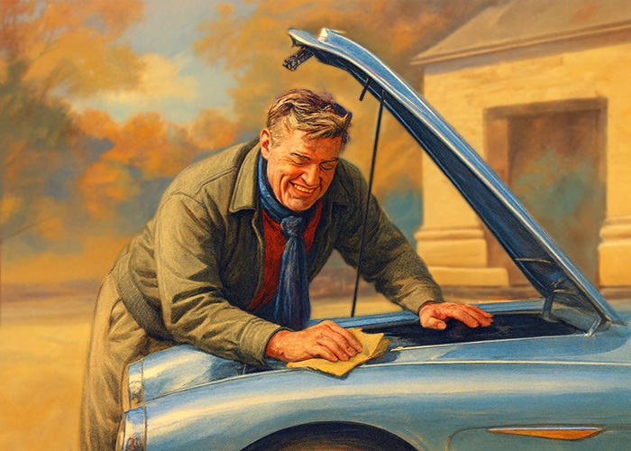 Smiling classic car owner polishing his blue Austin-Healey 3000 with bonnet open on a sunny autumn day, wearing vintage-style jacket and scarf — celebrating British motoring heritage and Healey restoration pride.
