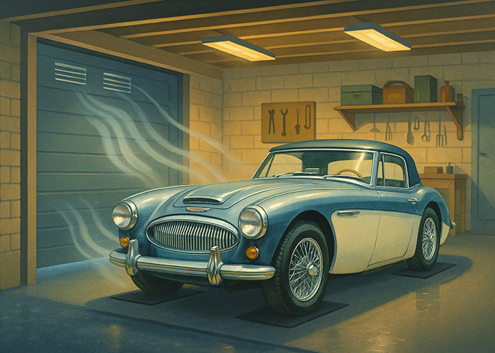 Vintage-style illustration of a classic Austin-Healey 3000 in a warm, well-ventilated 1960s British garage on a winter night, with misty air streams, polished concrete floor, and soft golden lighting highlighting the car’s chrome details.